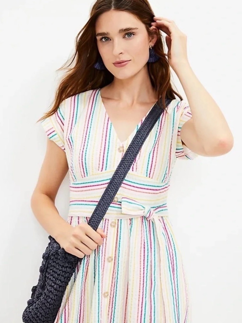 LOFT Button Down Tie Waist Rainbow Striped Midi Dress size 00P - Picture 5 of 5